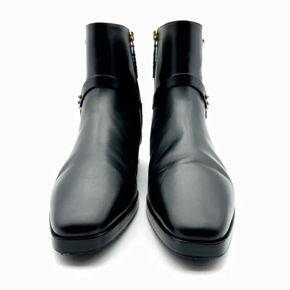 GUCCI Elite GG Ankle Boots Size 38.5 US 8.5 Black Leather Harness Low Heel Calf